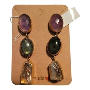 Chic Amethyst,labrodite & Rough Cut Aquamarine Gold Drop Earrings